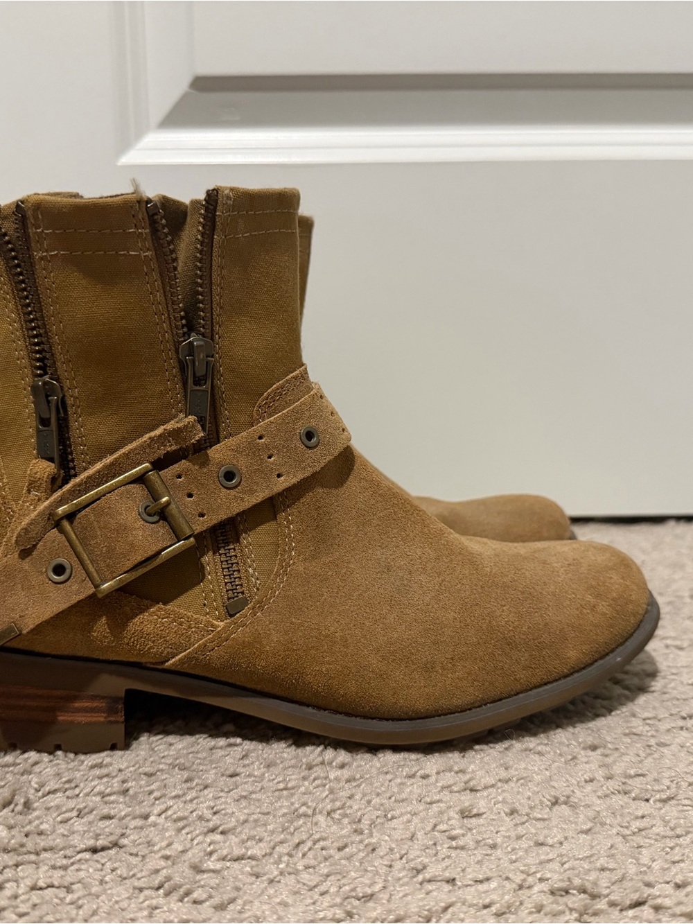 Suede Moto Ankle Boots with Buckle - Tan